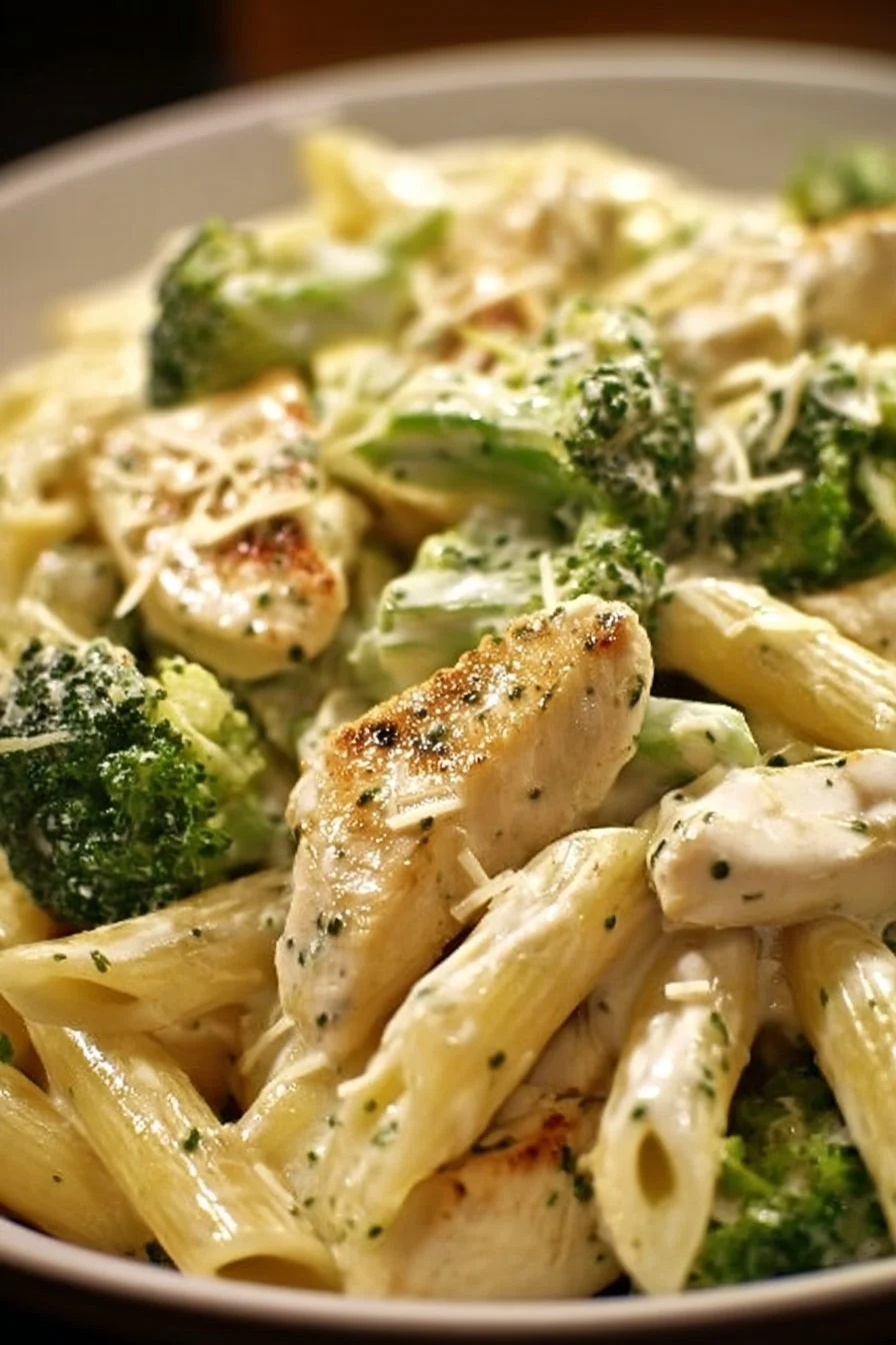Creamy broccoli chicken penne dish with fresh ingredients and pasta on a plate.