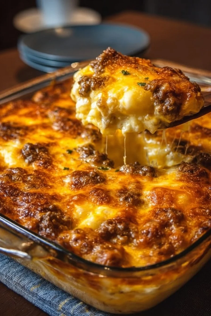 Creamy cheesy hamburger casserole served in a dish, perfect for busy moms.