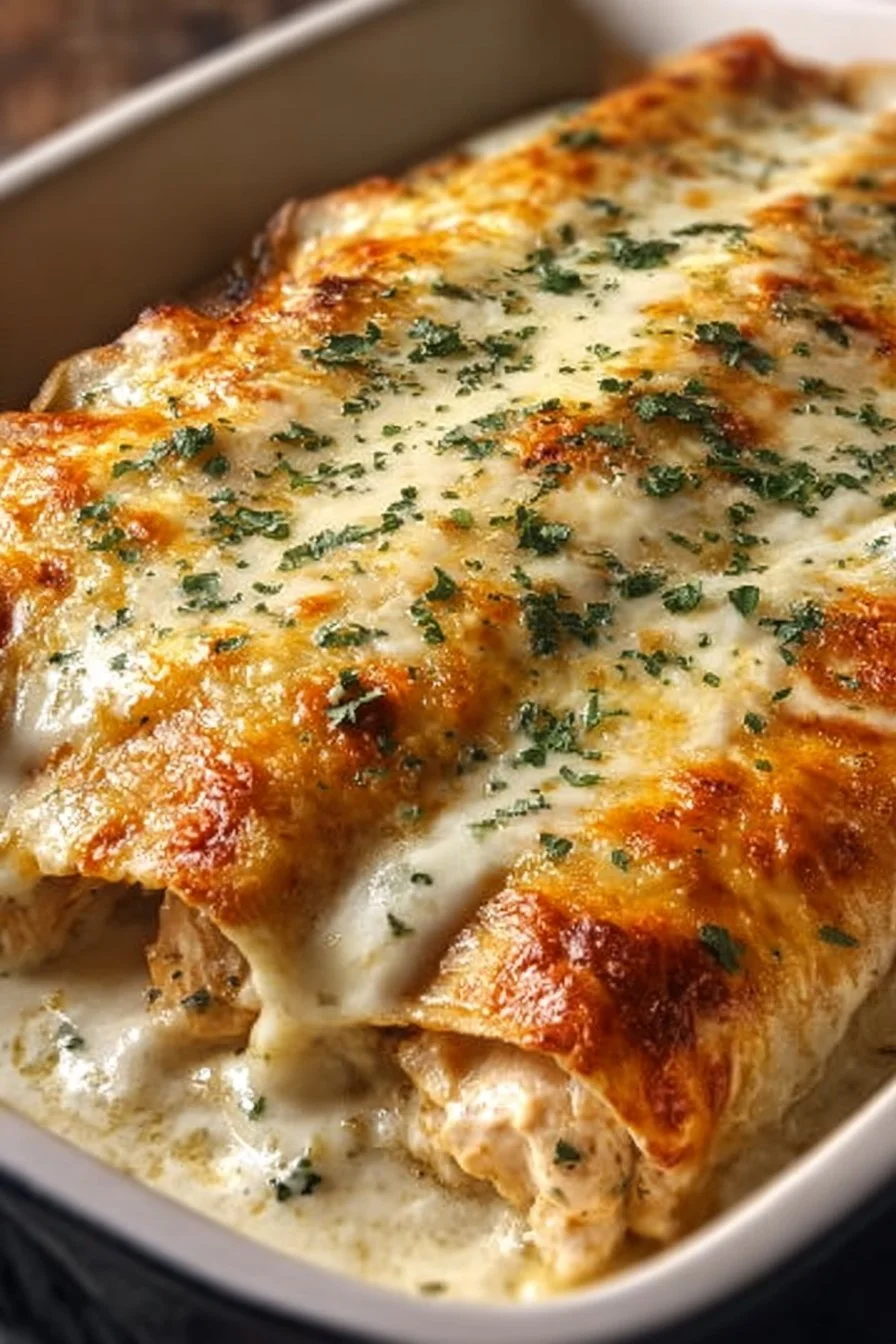 Creamy chicken enchiladas topped with white sauce, served in a baking dish.