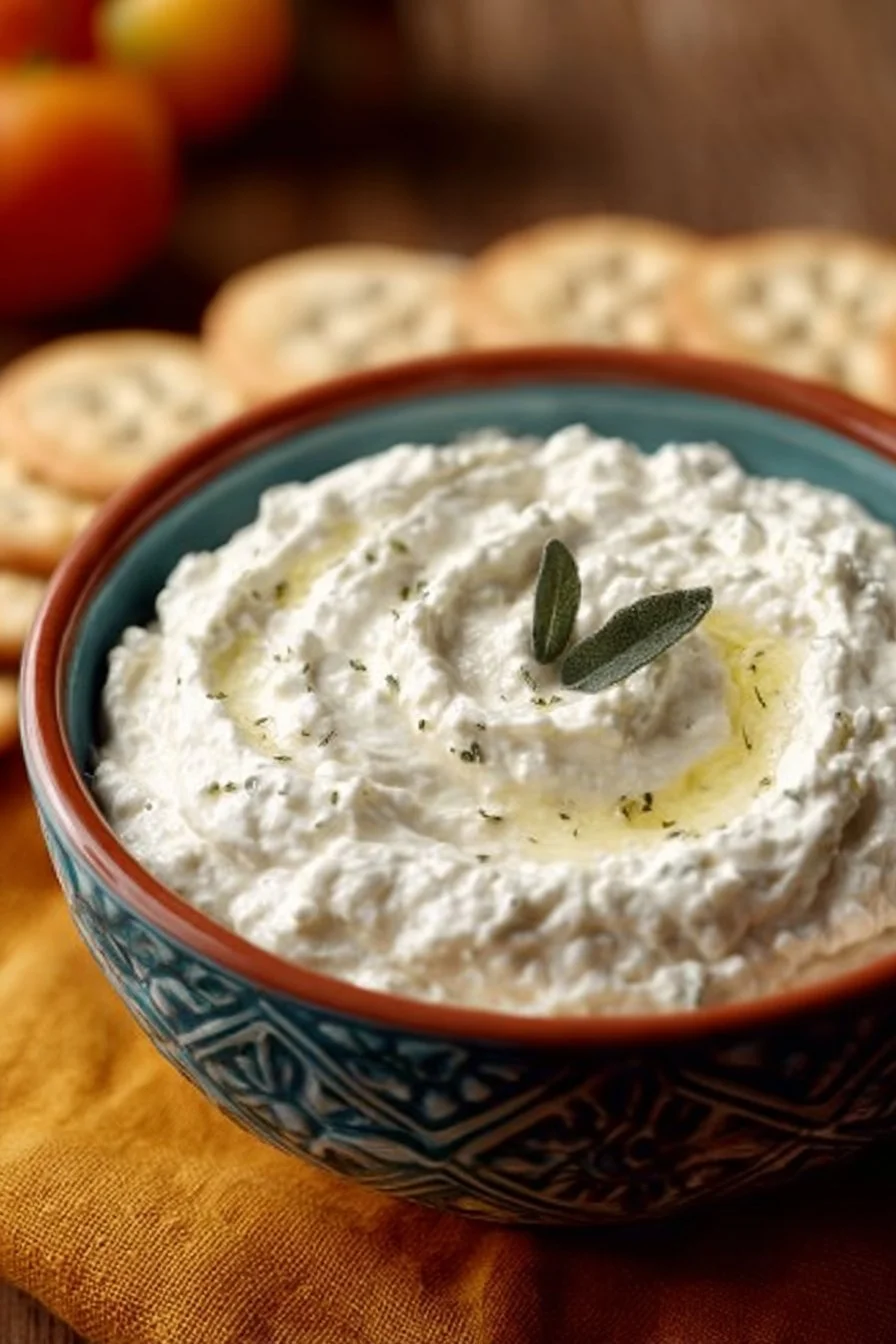 Creamy cottage cheese dip served in a bowl with fresh vegetables and crackers