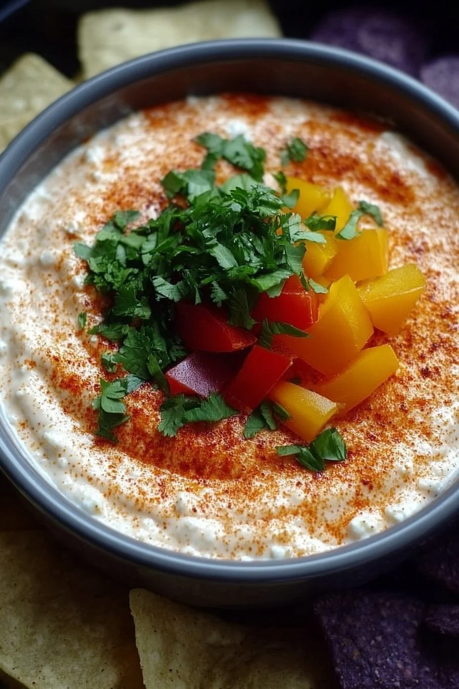 Creamy cottage cheese queso dip served in a bowl with tortilla chips