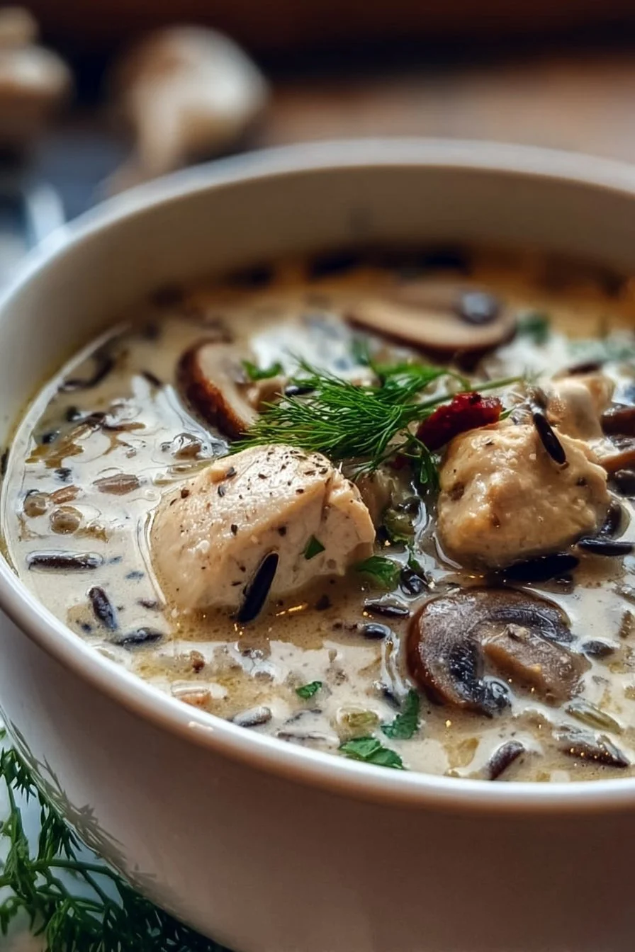 Creamy mushroom chicken soup with wild rice, perfect for a comforting meal.