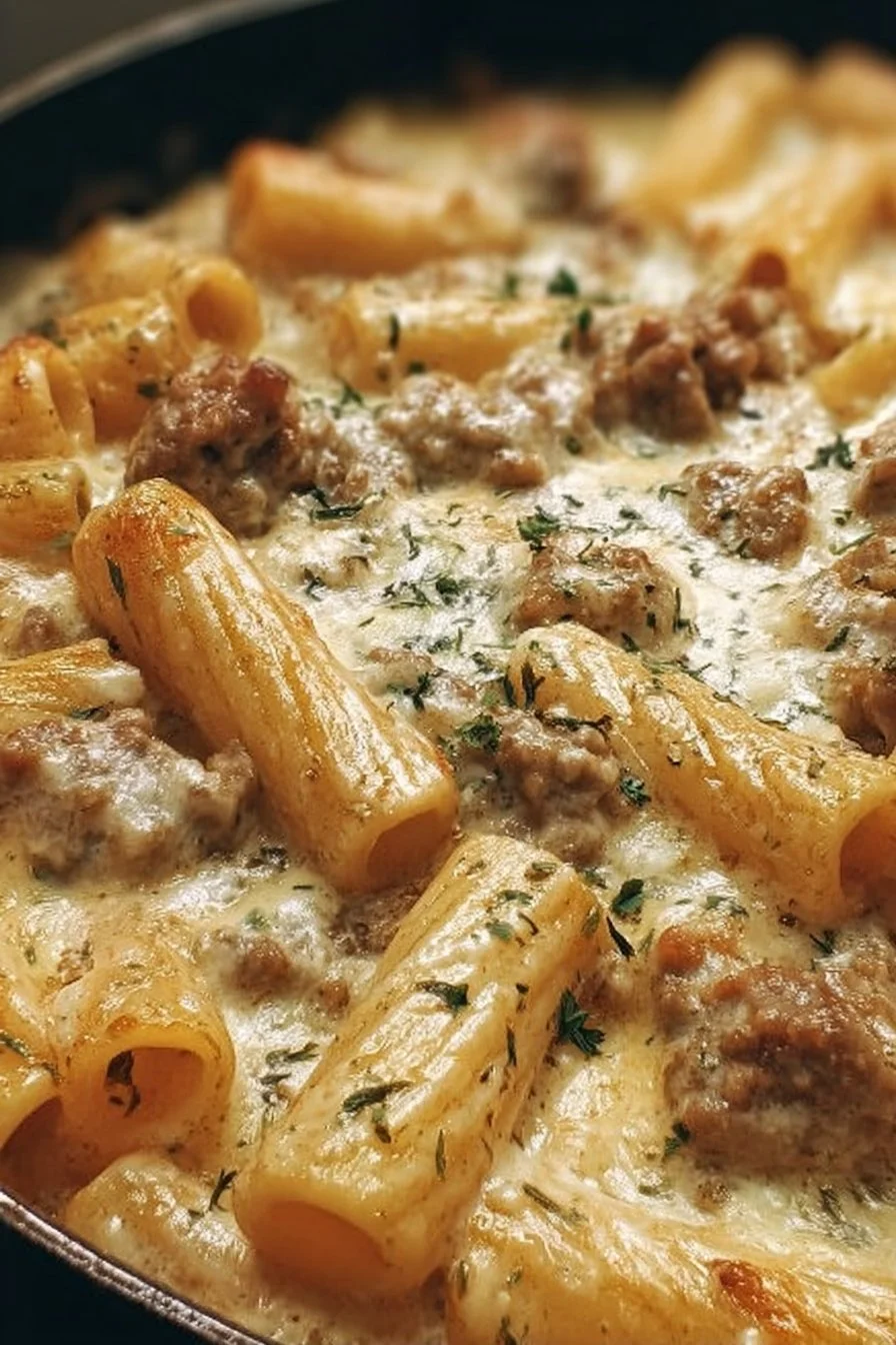 Creamy sausage rigatoni pasta dish with herbs and parmesan cheese