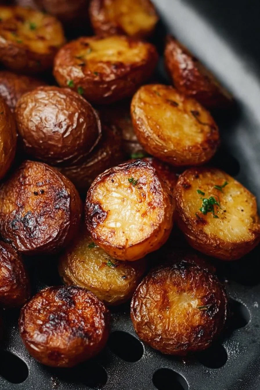 Crispy air fryer baby potatoes served on a plate, garnished with herbs.