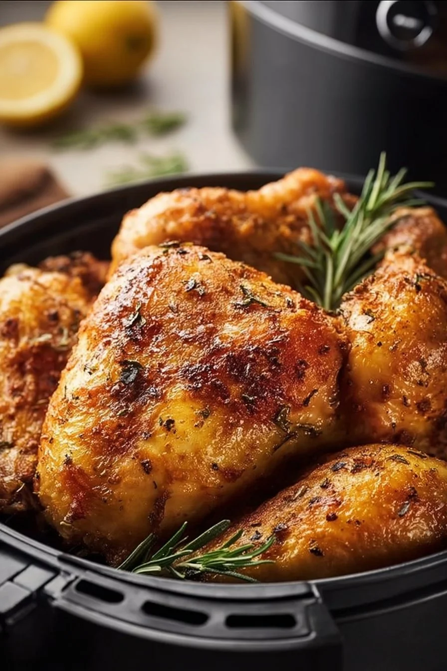 Crispy air fryer chicken served on a plate with herbs and spices.
