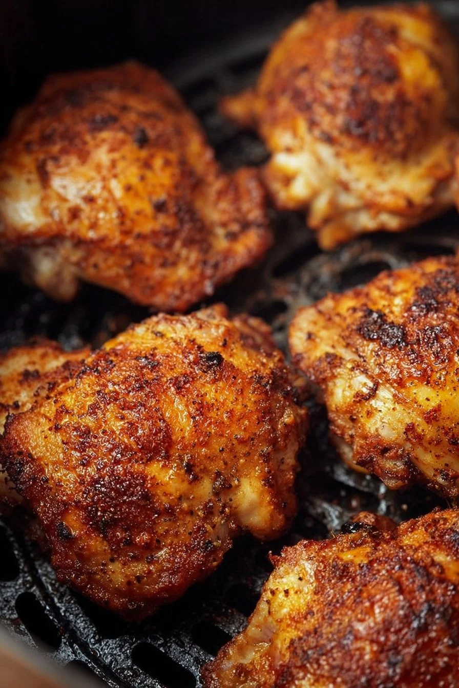 Crispy air fryer chicken thighs served on a plate, garnished with herbs.