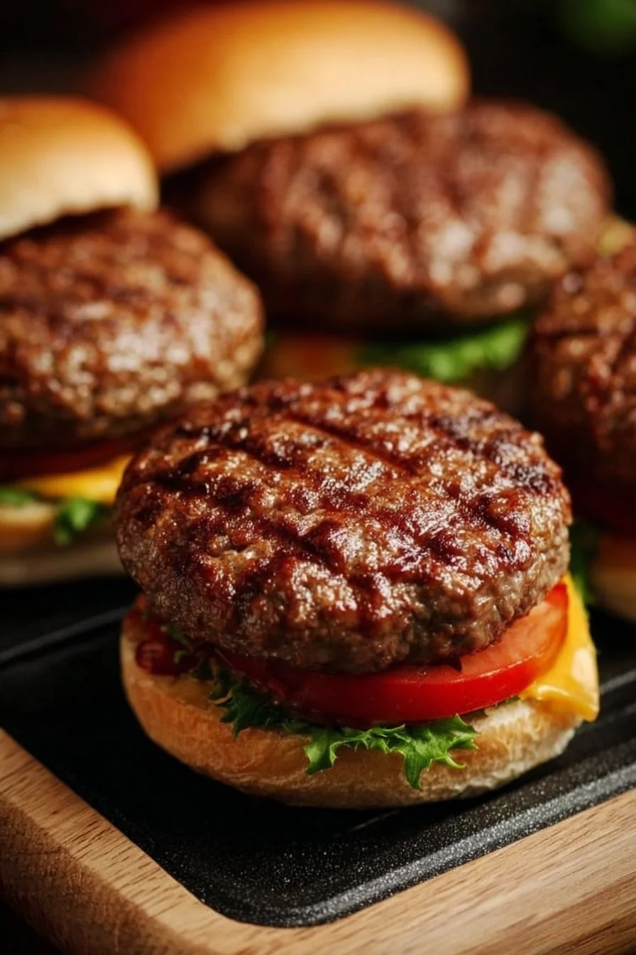 Crispy air fryer hamburgers served on a plate with fresh toppings.