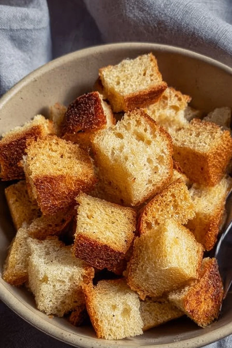 Bowl of crispy sourdough croutons on a wooden table