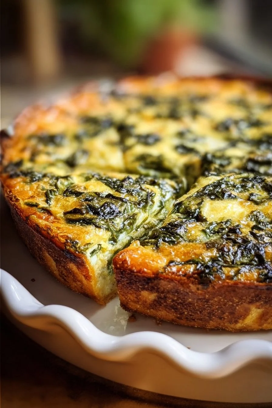 Delicious crustless spinach quiche topped with fresh herbs.