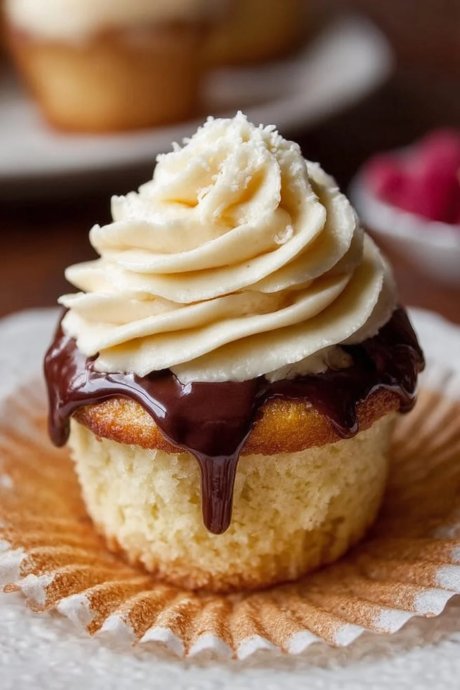 Decadent Boston Cream Cupcakes topped with chocolate ganache and filled with custard.