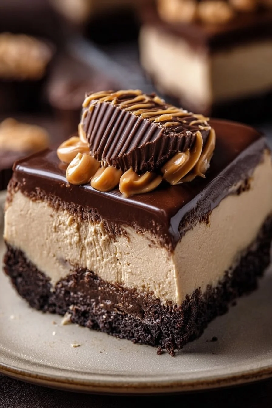 Decadent chocolate peanut butter cheesecake topped with candy and drizzles