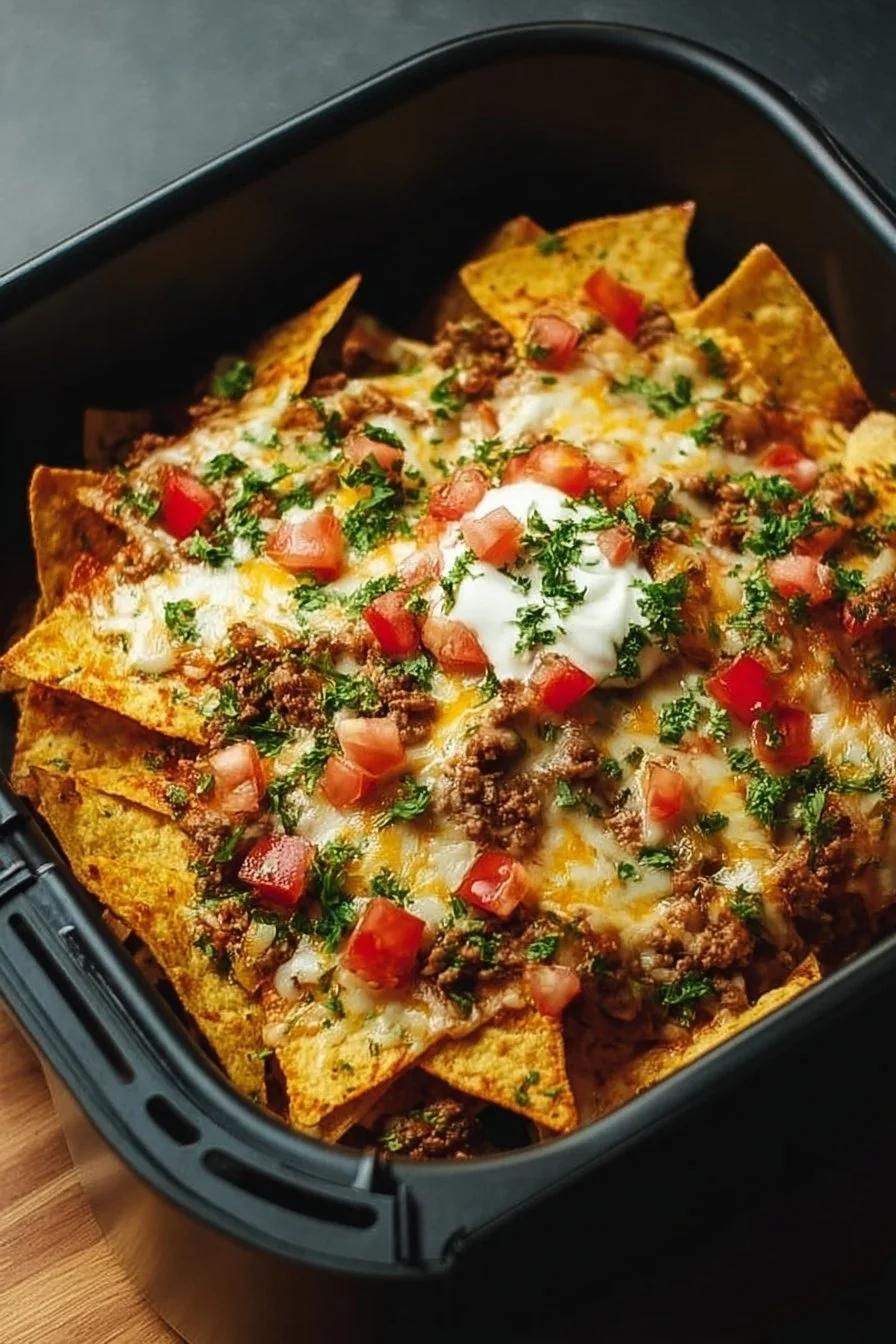 Delicious air fryer nachos loaded with cheese, jalapeños, and toppings
