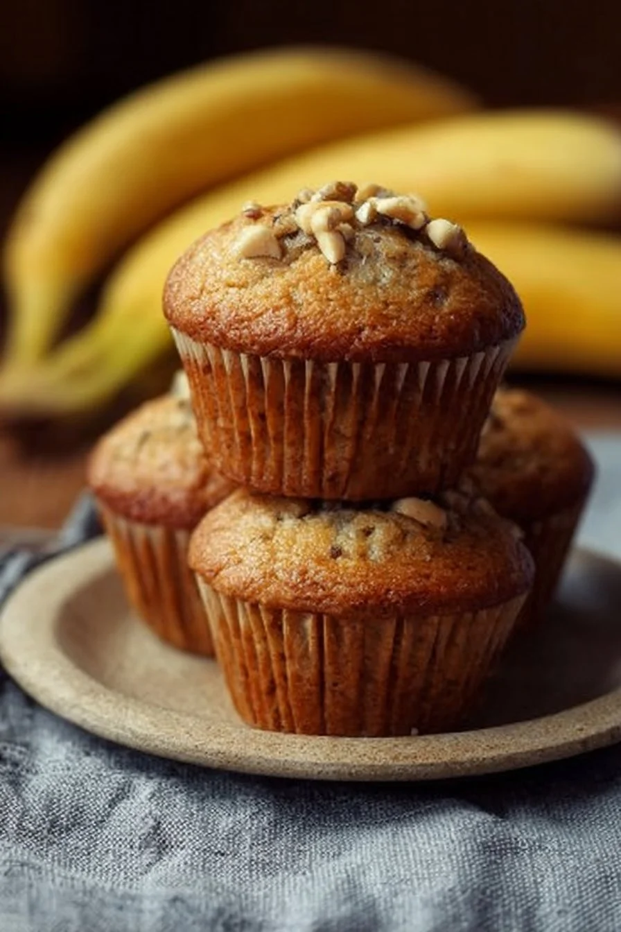 Freshly baked banana muffin on a wooden table