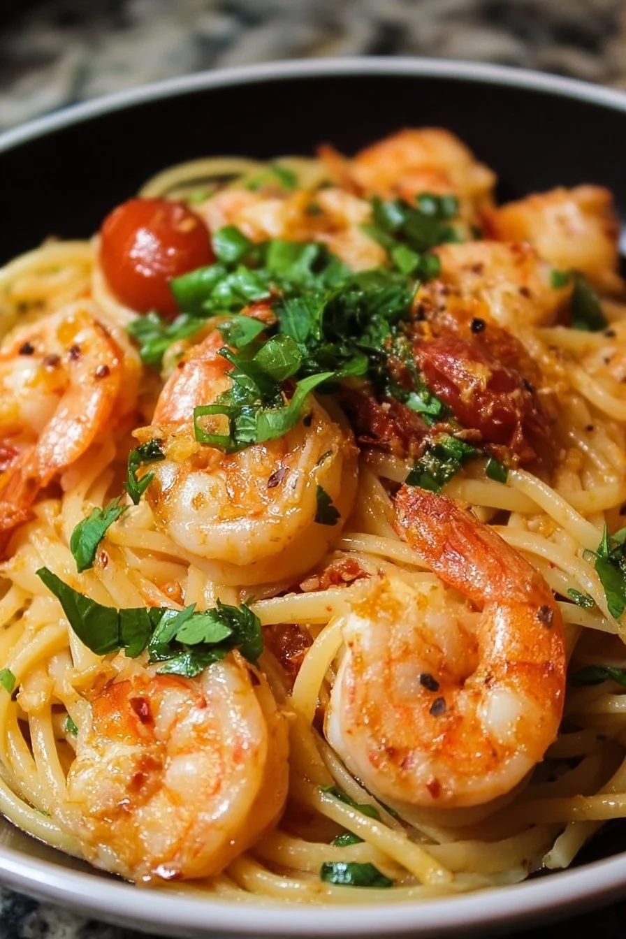 Delicious plate of Bang Bang Shrimp Pasta with creamy sauce and shrimp
