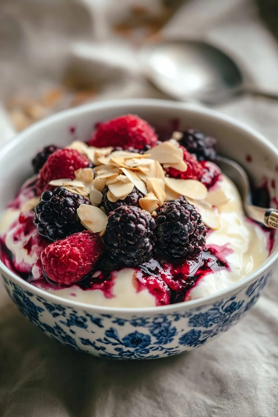 Delicious berry yogurt bowl topped with fresh berries and granola