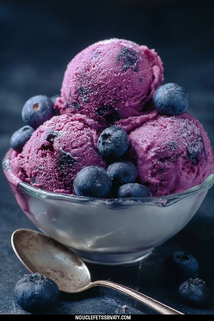 Delicious blueberry Greek frozen yogurt in a bowl with fresh blueberries