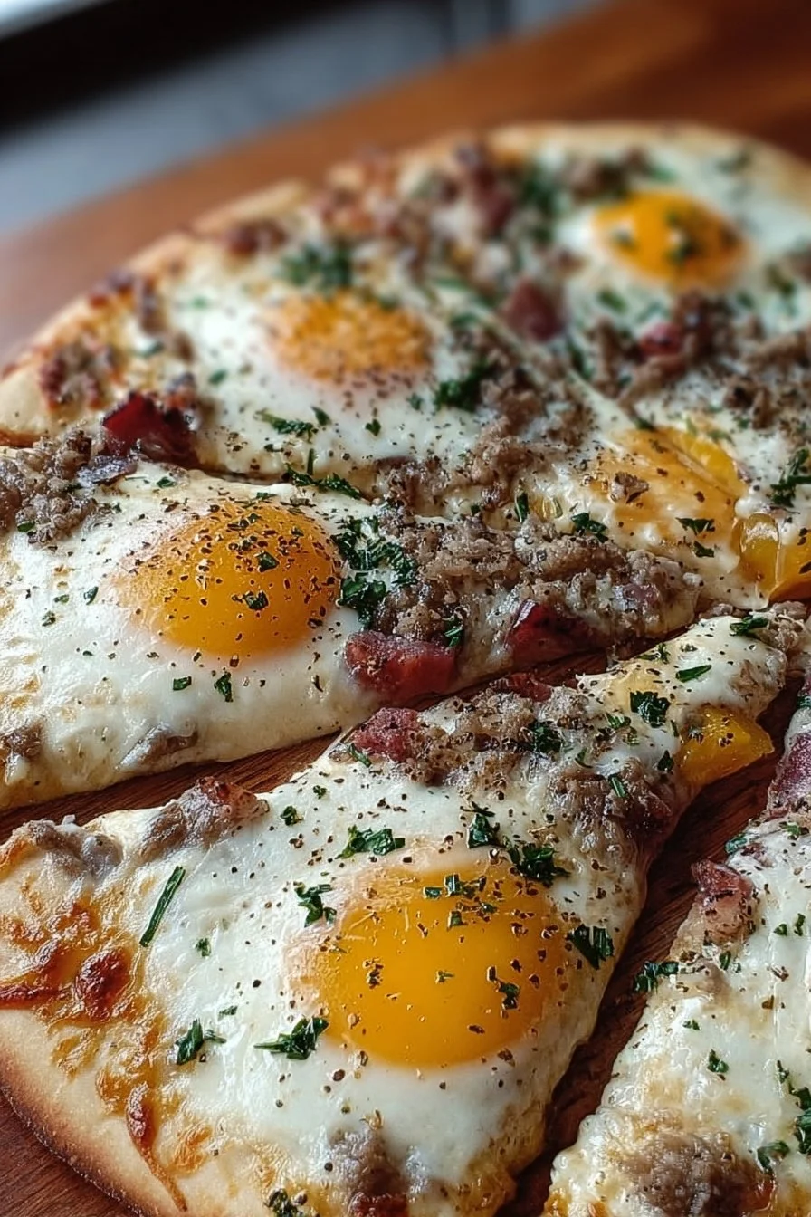 Delicious breakfast pizza topped with eggs, cheese, and fresh vegetables