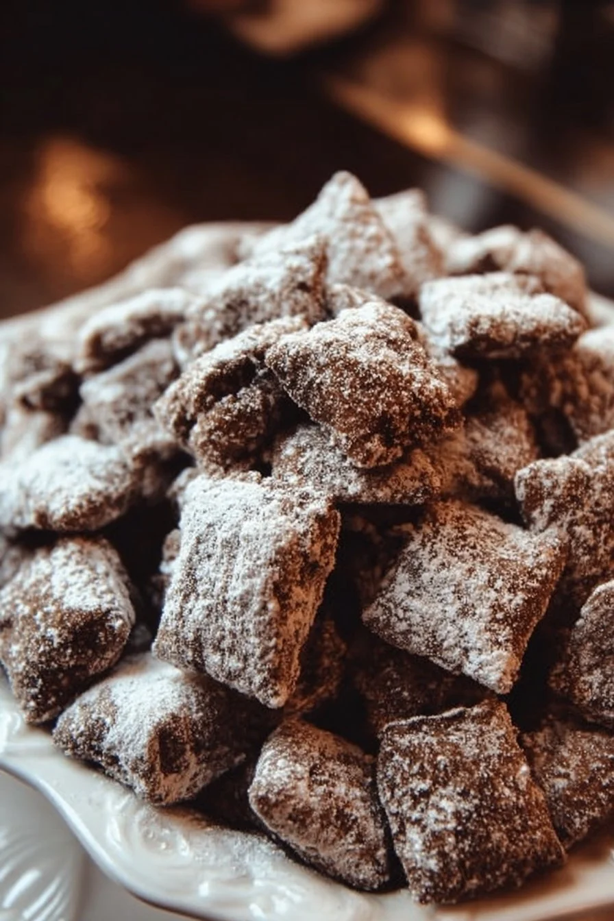 Delicious bowl of brownie batter puppy chow with chocolate chips and sprinkles