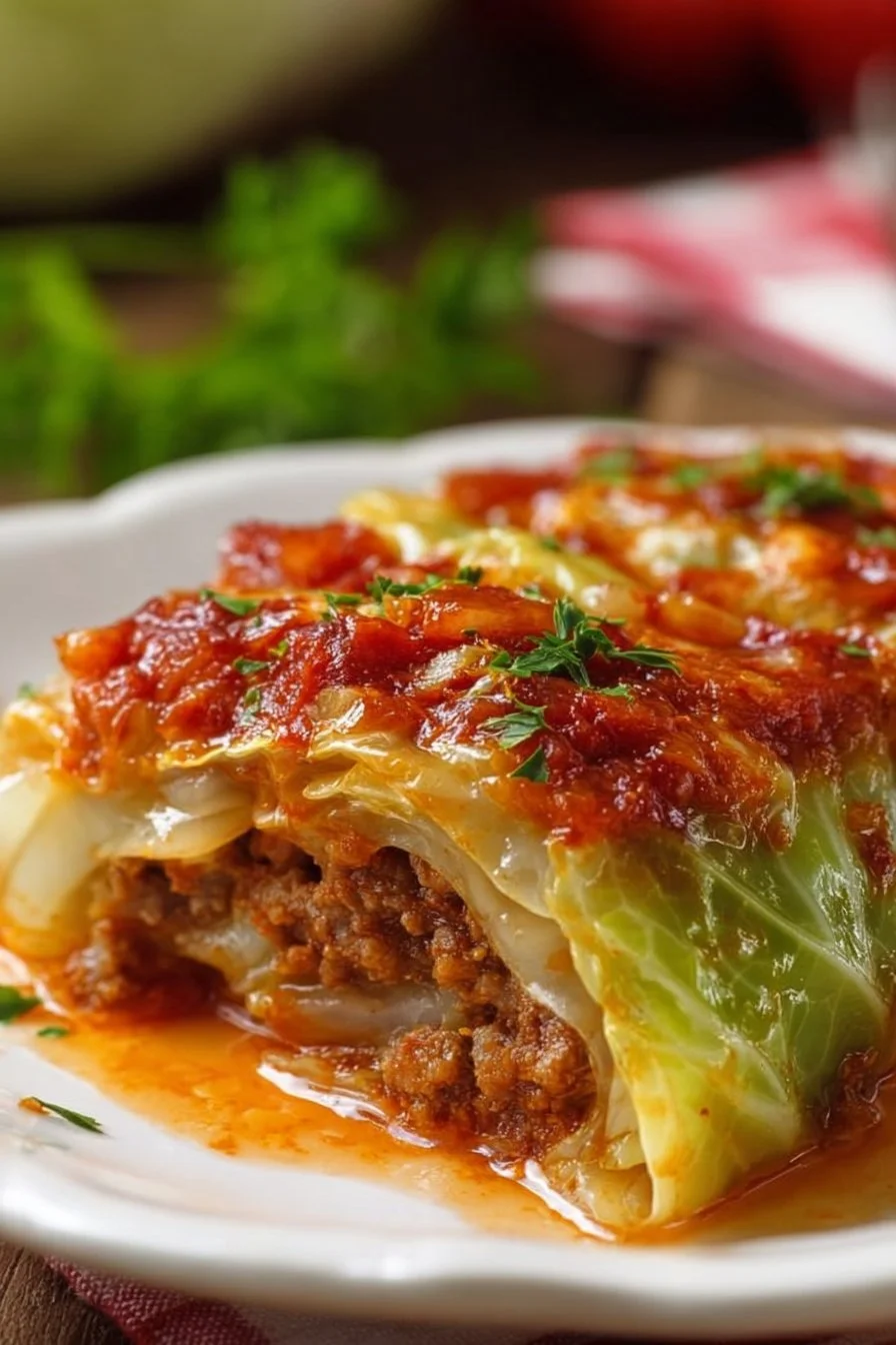 Delicious cabbage roll casserole served in a dish with tomatoes and cheese