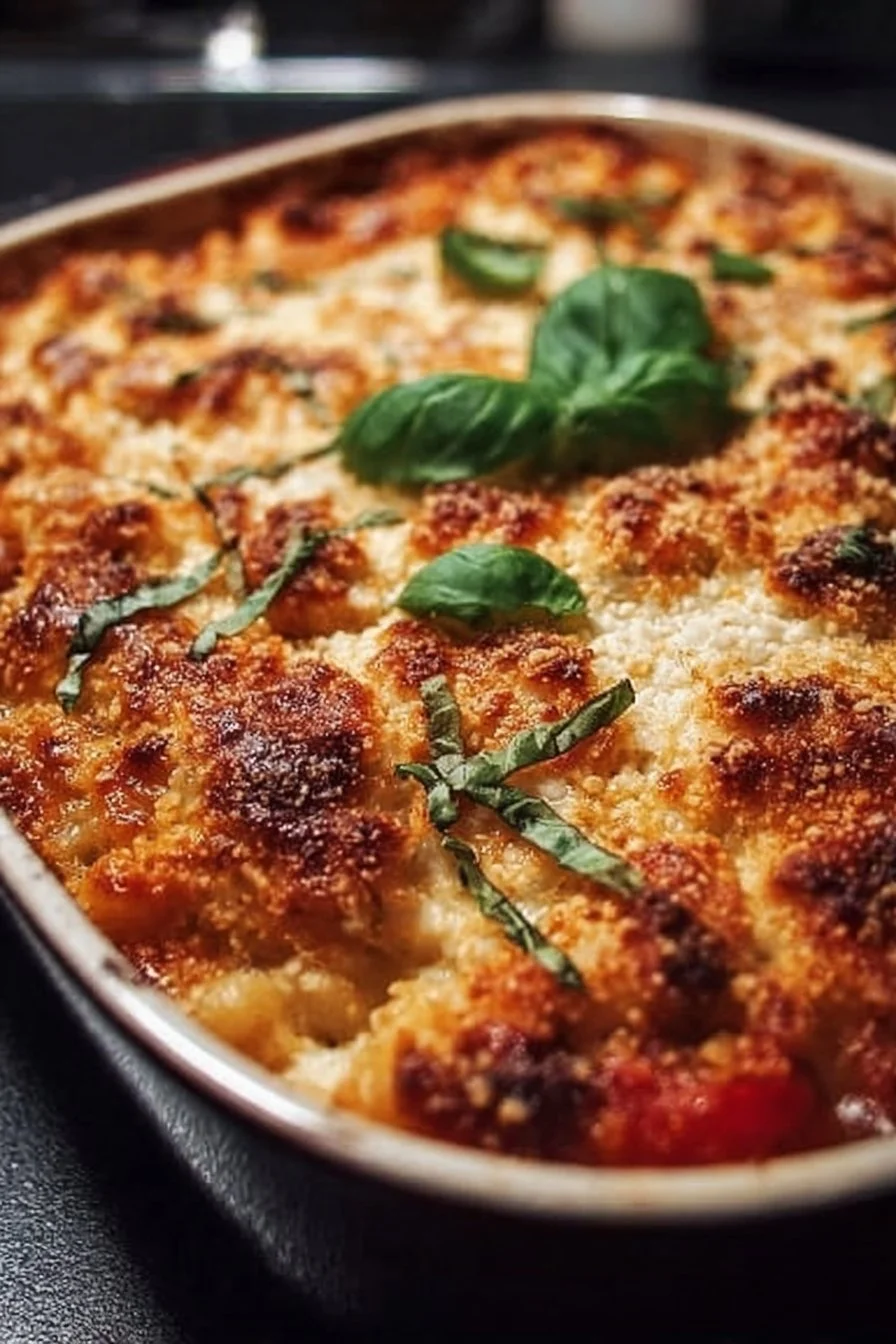 Delicious chicken parmesan casserole in a baking dish, keto and gluten-free meal.