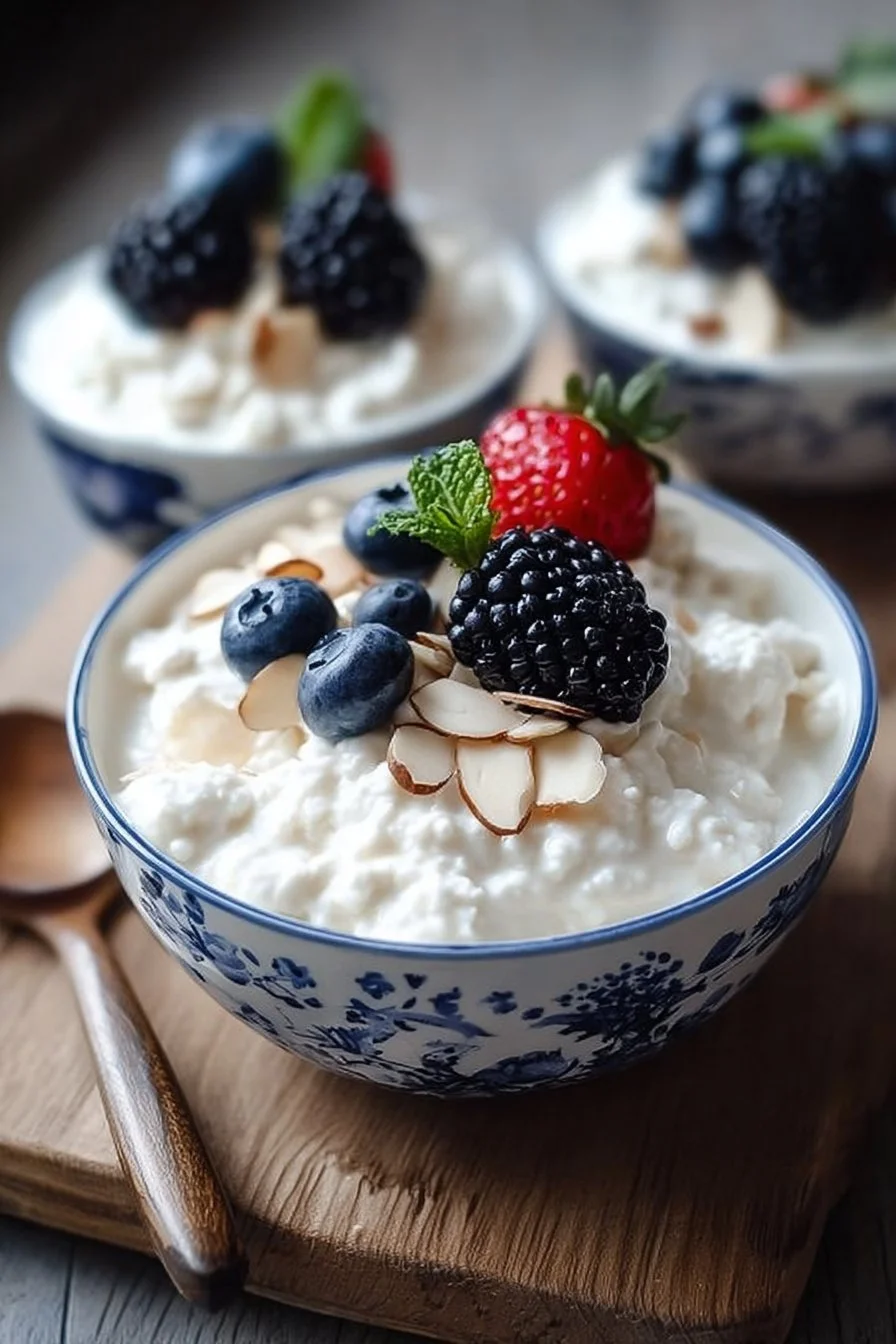 A variety of delicious cottage cheese bowls with fresh fruits and toppings
