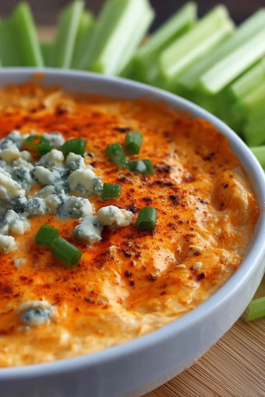 Creamy cottage cheese buffalo chicken dip served in a bowl with crackers