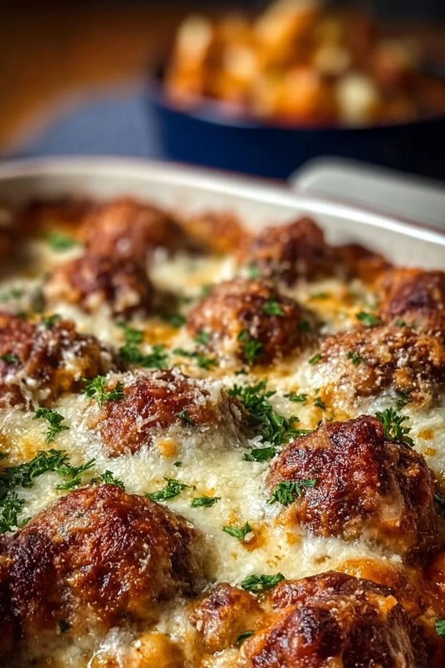 Delicious Dump and Bake Meatball Casserole fresh from the oven