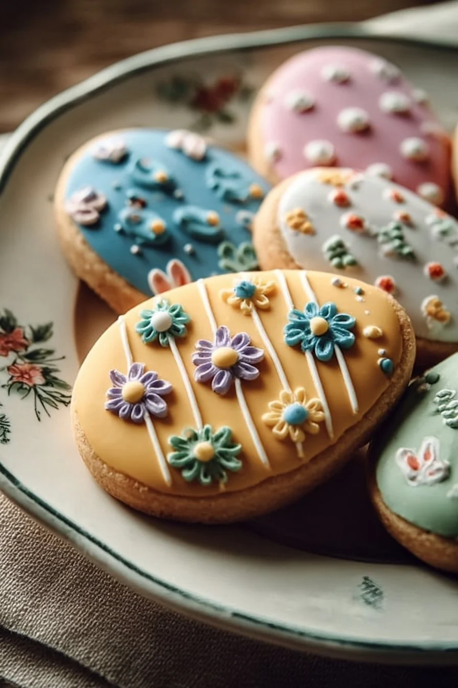Colorful decorated Easter sugar cookies on a festive table
