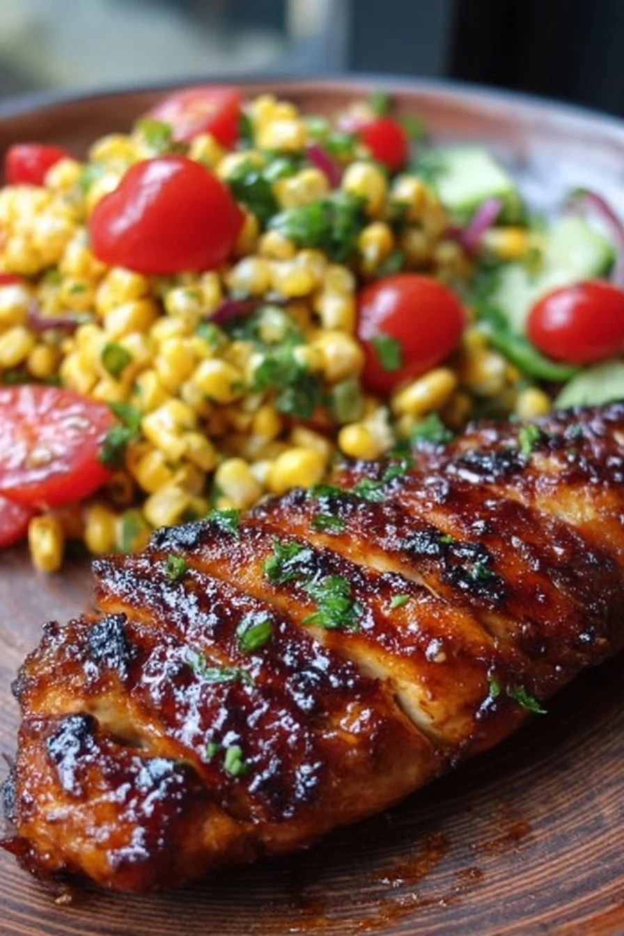 Plate of honey BBQ chicken served with zesty corn salad