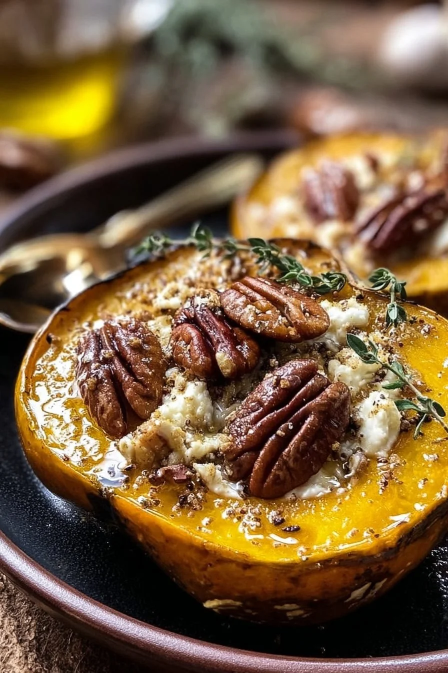 Roasted acorn squash topped with maple pecan and goat cheese.
