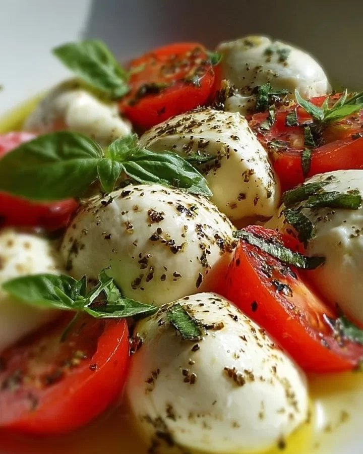 Delicious marinated mozzarella drizzled with herbs and spices