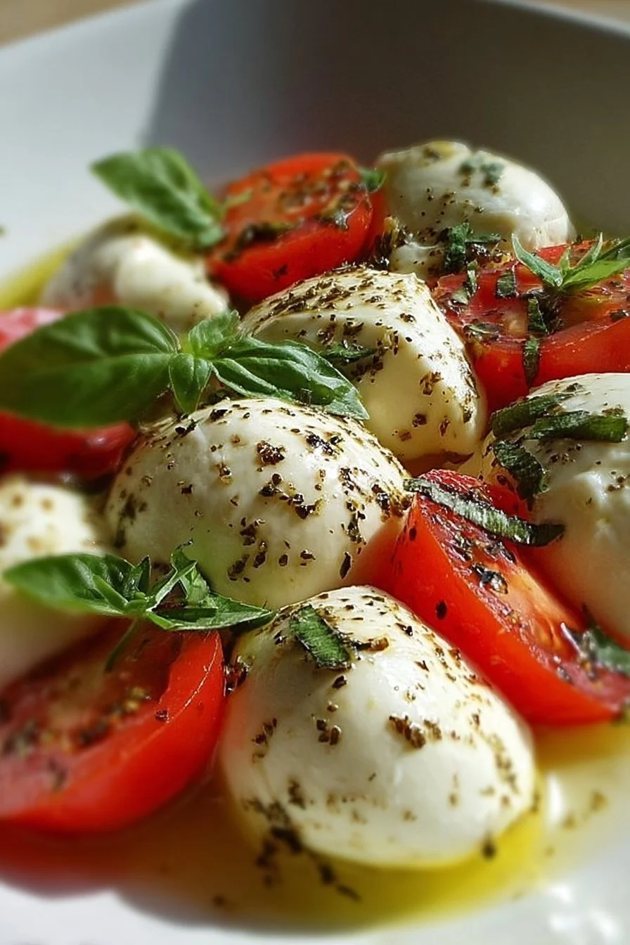 Delicious marinated mozzarella drizzled with herbs and spices