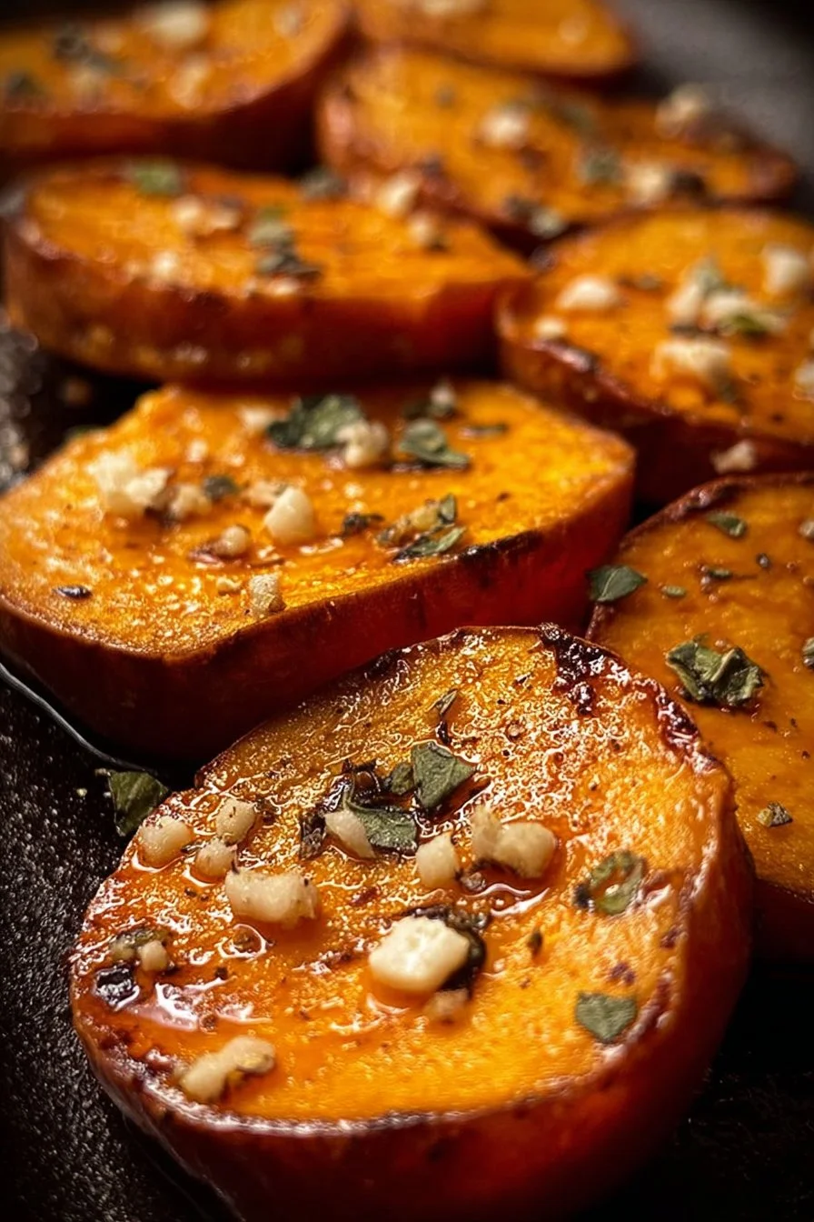Plate of delicious roasted sweet potato rounds garnished with herbs