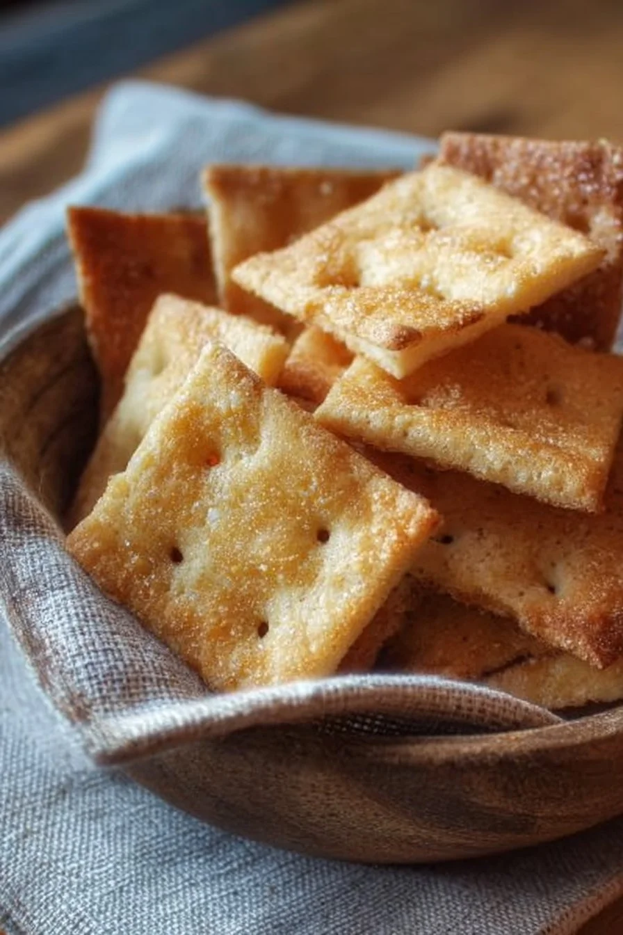 Homemade delicious sourdough crackers on a wooden serving board