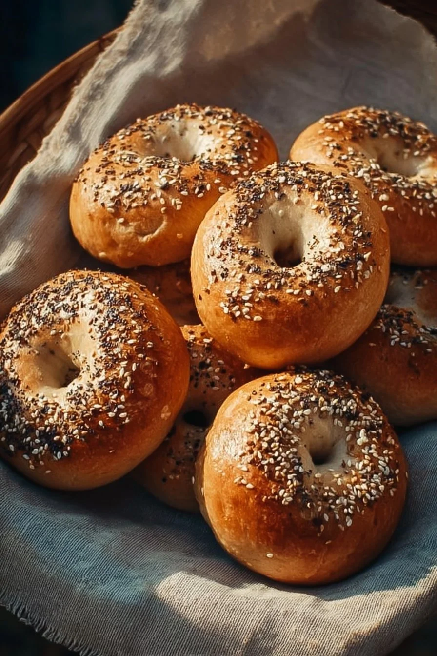 Freshly baked sourdough discard bagels on a wooden board