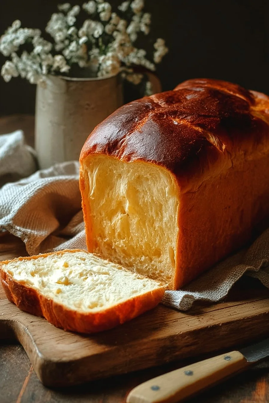 Freshly baked sourdough sandwich bread on a wooden table