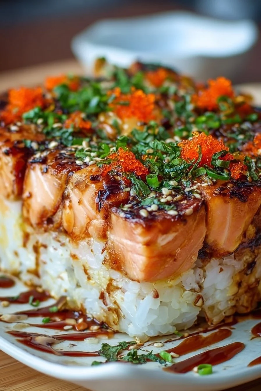 Delicious spicy salmon sushi bake served in a dish, garnished with green onions.