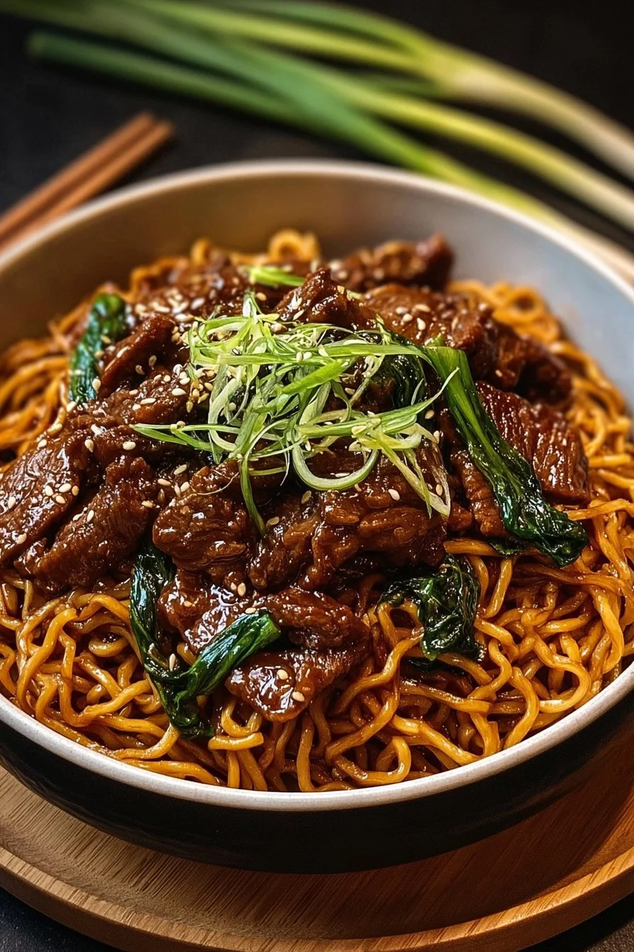 Bowl of delicious sticky beef noodles with tender beef and flavorful sauce