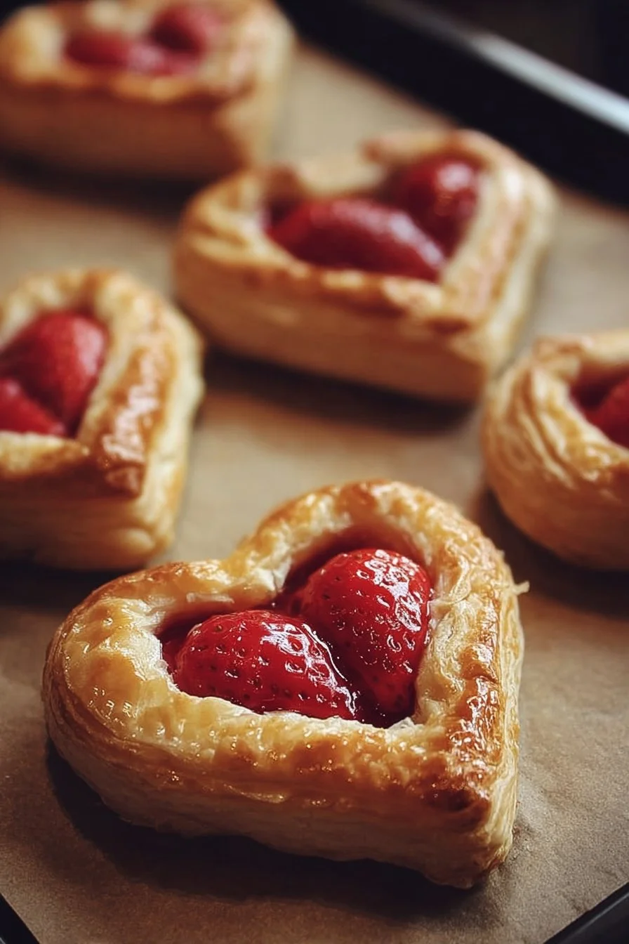 Delicious strawberry puff pastry hearts on a plate, ready to enjoy.