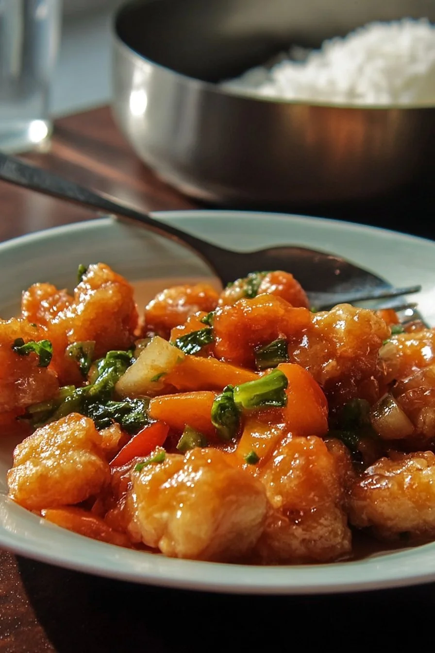 Bowl of delicious sweet and sour chicken with vibrant vegetables