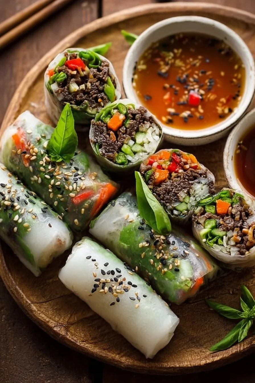 Delicious Thai Basil Beef Rolls served with fresh herbs and a side dipping sauce.