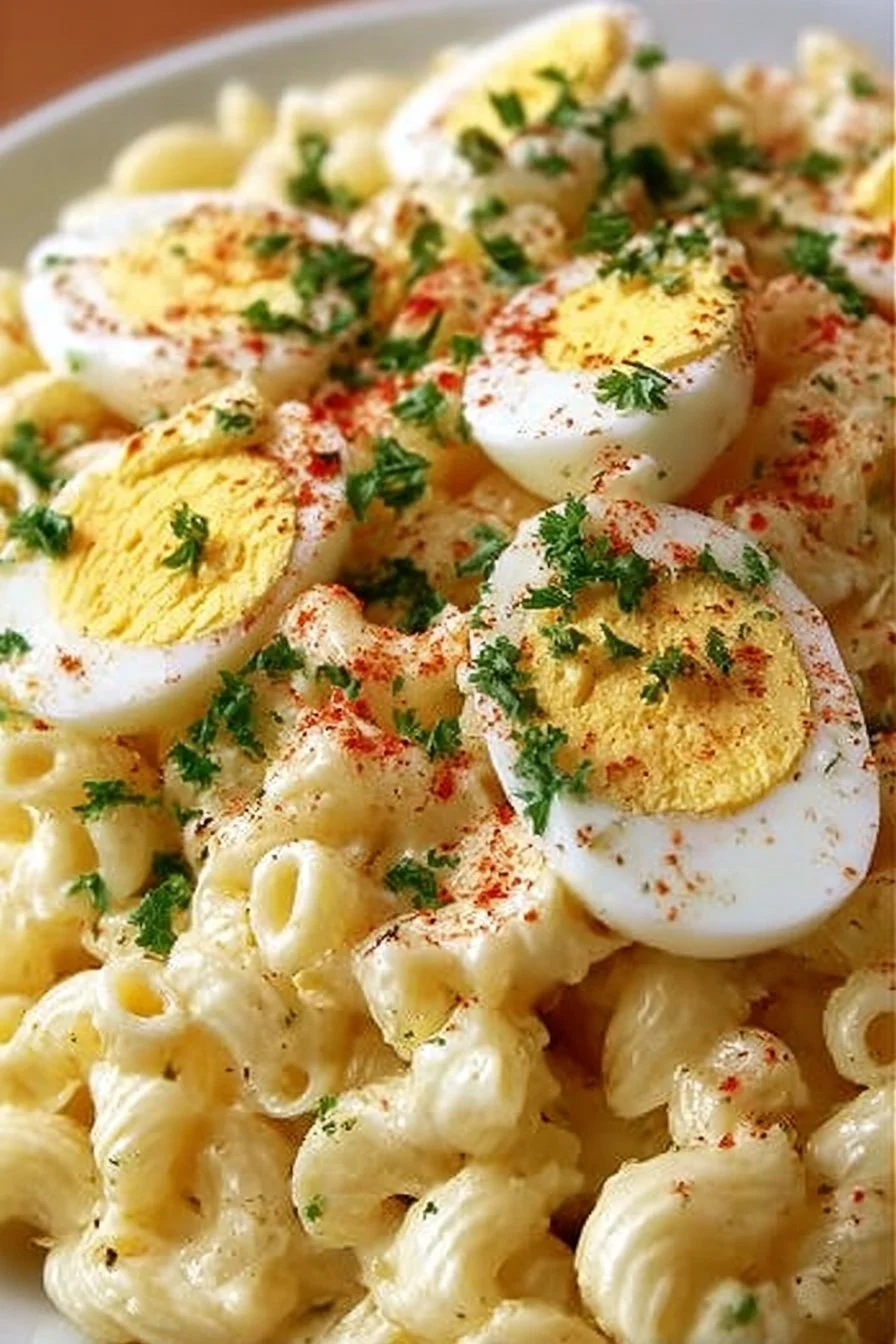 Deviled Egg Pasta Salad in a bowl, garnished with herbs and paprika.