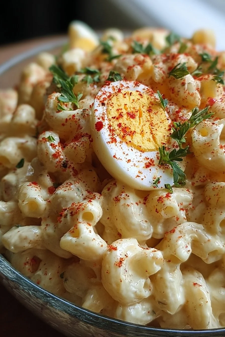 Deviled egg macaroni pasta salad served in a bowl with fresh herbs