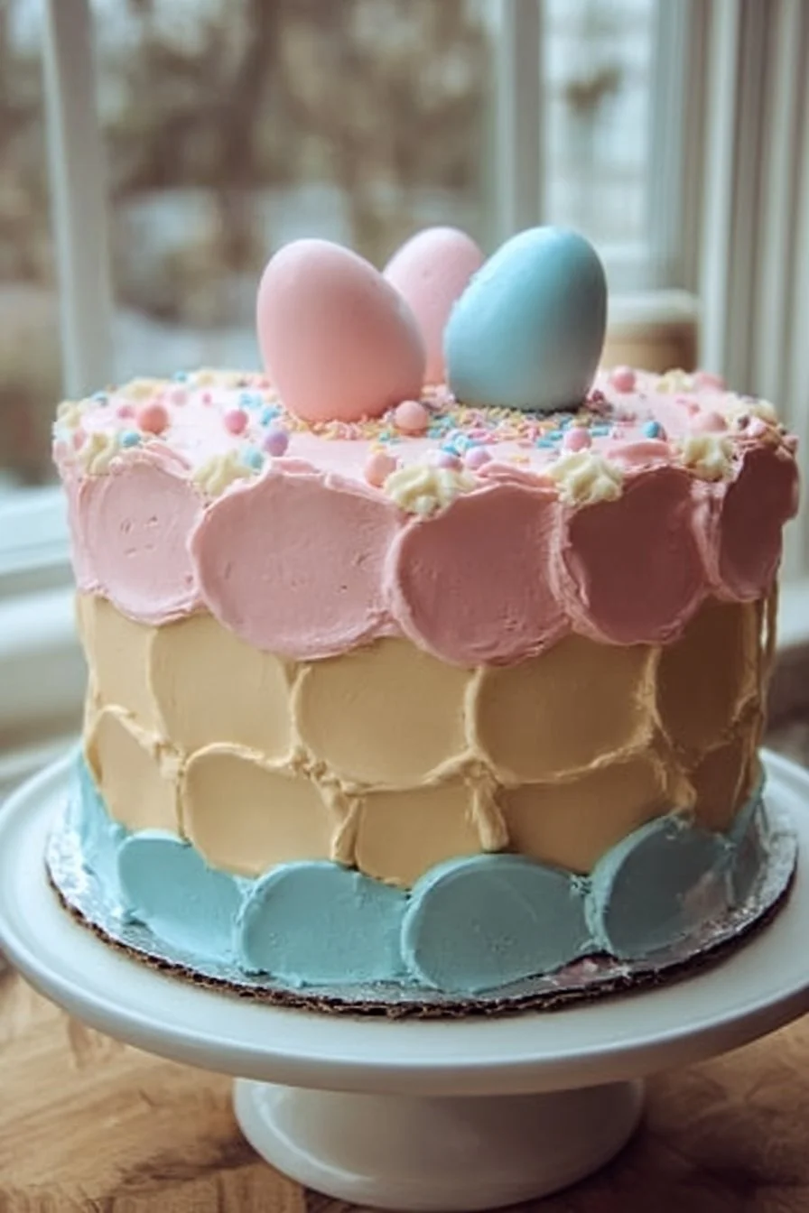 Colorful Easter gender reveal cake with pink and blue decorations