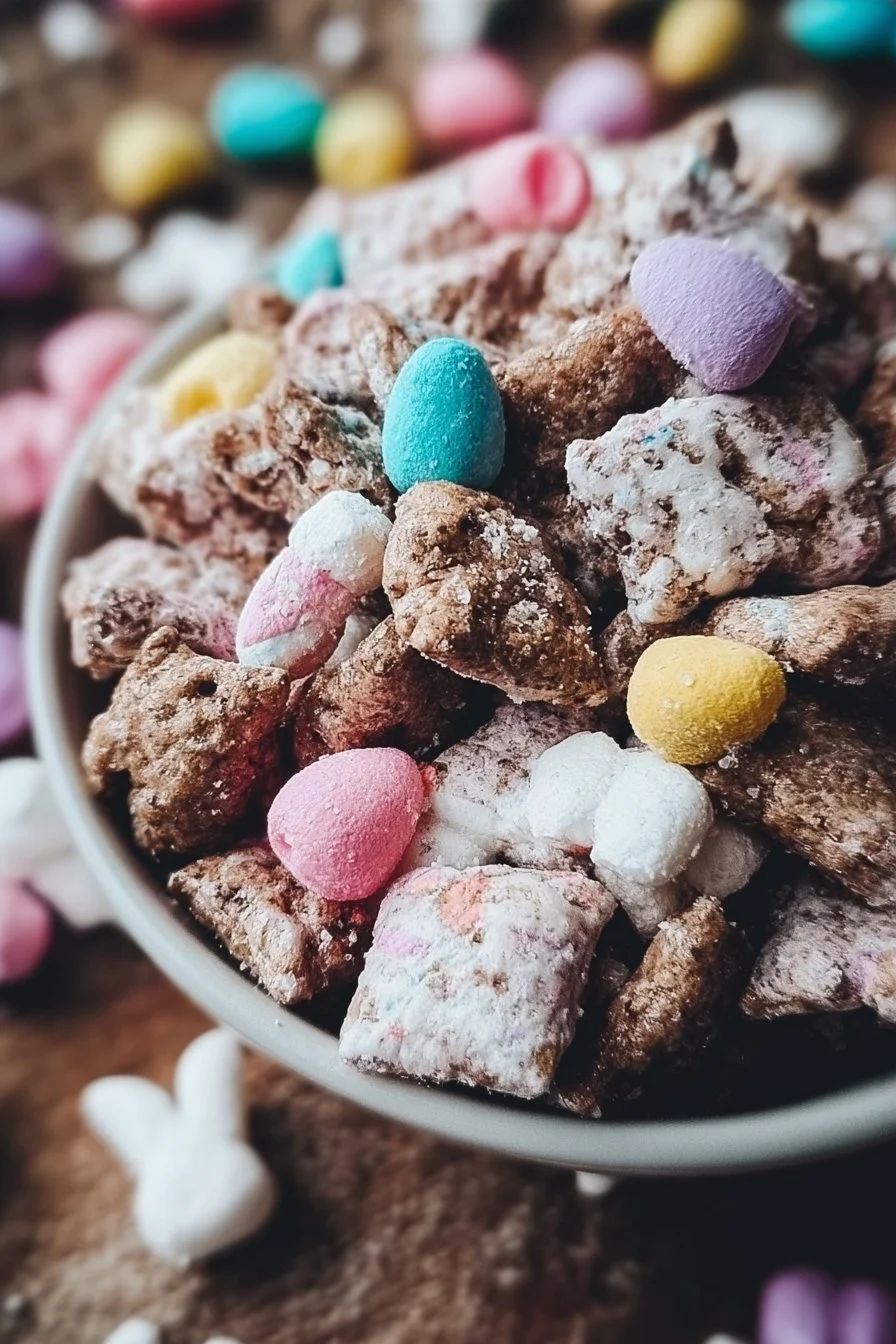 Colorful Easter Muddy Buddies treat with chocolate and pastel candies