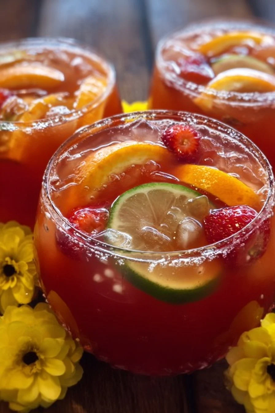 Vibrant Easter Punch in a decorative glass with fruit slices