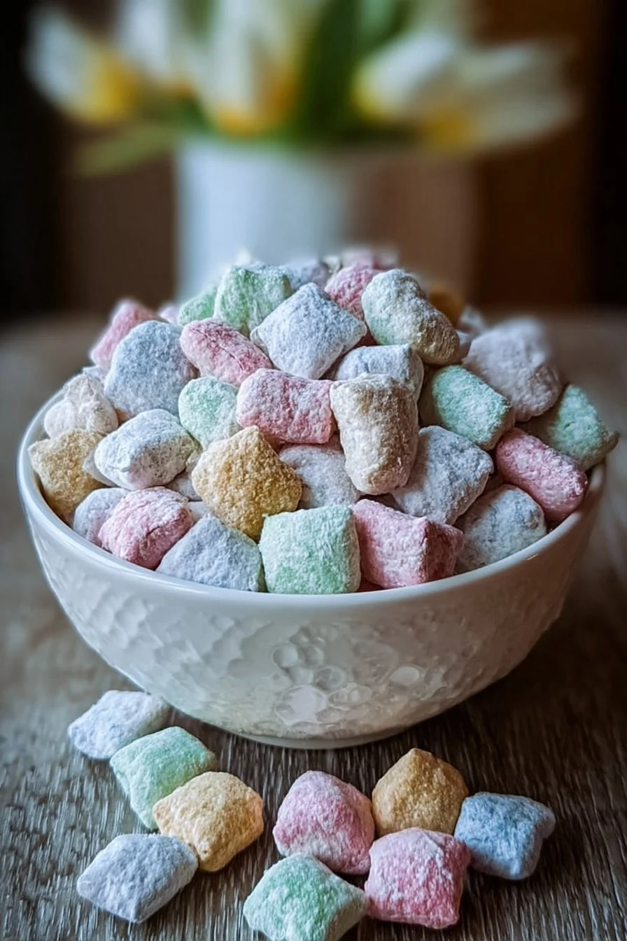 Colorful Easter Puppy Chow treat recipe for dogs