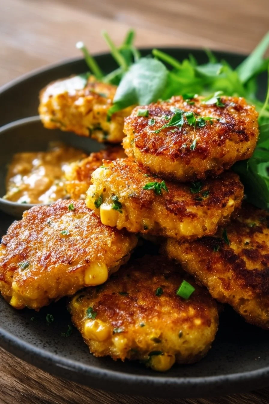 Delicious air fryer corn fritters with tofu served on a plate