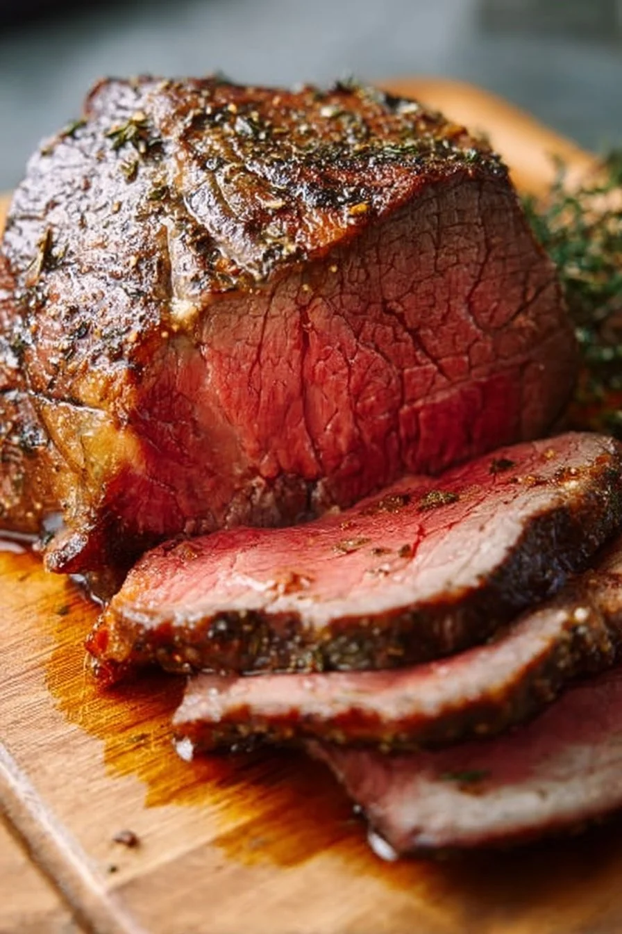 Delicious air fryer roast beef served on a plate with herbs and seasoning