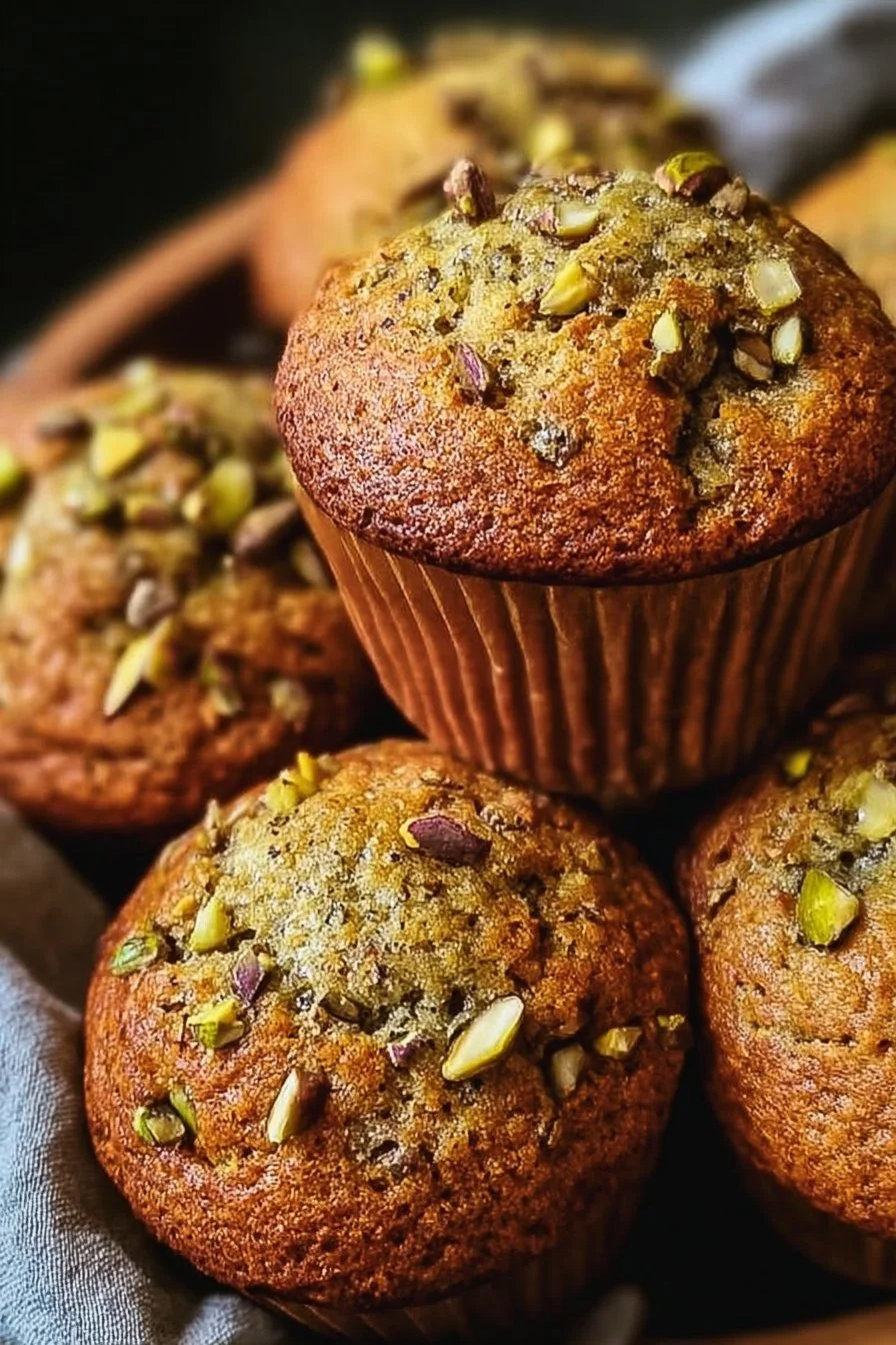 Delicious bakery style pistachio muffins displayed on a plate